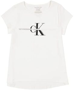 calvin klein girls’ short sleeve flip sequins graphic t-shirt, white stripe, 12-14