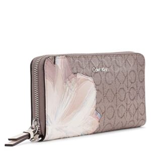 Calvin Klein Women's Key Item Saffiano Continental Zip Around Wallet with Wristlet Strap, Almond/Taupe Multi Printed Textured Emboss Logo, One Size