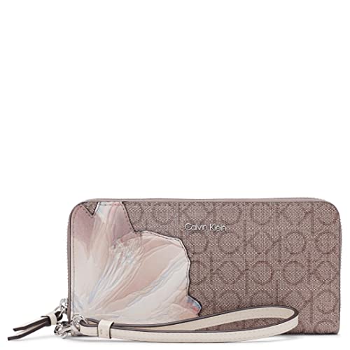 Calvin Klein Women's Key Item Saffiano Continental Zip Around Wallet with Wristlet Strap, Almond/Taupe Multi Printed Textured Emboss Logo, One Size