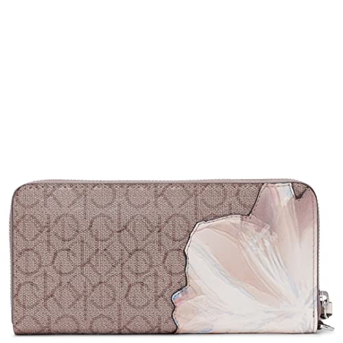 Calvin Klein Women's Key Item Saffiano Continental Zip Around Wallet with Wristlet Strap, Almond/Taupe Multi Printed Textured Emboss Logo, One Size