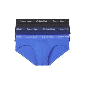 calvin klein men’s cotton stretch 3-pack hip brief, 1 black/ 1 blue shadow/ 1 cobalt water, l