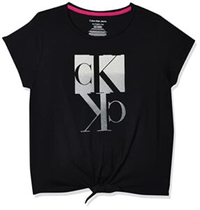 calvin klein girls’ short sleeve tie front knot graphic t-shirt, black gradient, 8-10