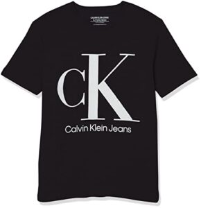 calvin klein boys’ little classic logo crew neck tee shirt, soft & comfortable, relaxed & stylish fit, black ck white, 6