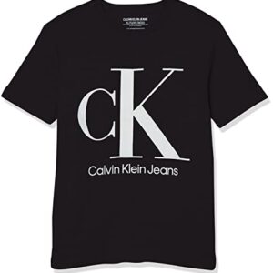 Calvin Klein Boys' Little Classic Logo Crew Neck Tee Shirt, Soft & Comfortable, Relaxed & Stylish Fit, Black Ck White, 6