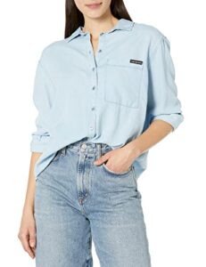calvin klein women’s split hem button down shirt with roll tab sleeves, chambray, x-small
