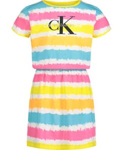 calvin klein girls’ short sleeve jersey dress with elastic cinched waist, white tie dye, 12-14