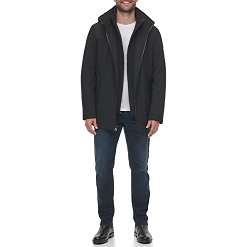 Calvin Klein Men's Hooded Rip Stop Water and Wind Resistant Jacket with Fleece Bib, Deep Black, Medium