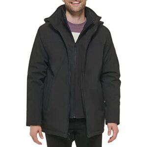 calvin klein men’s hooded rip stop water and wind resistant jacket with fleece bib, deep black, medium