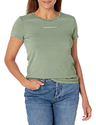 Calvin Klein Women's Minimal Logo Short Sleeve Tee Shirt, Thyme, Large