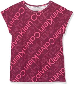 calvin klein girls’ short sleeve relaxed-fit performance t-shirt, crew-neck neckline & logo detailing, dark purple, 12-14