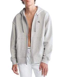 calvin klein men’s relaxed fit archive logo fleece full zip hoodie, heroic grey heather, large