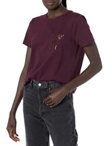calvin klein women’s soft sequin ck pocket &print logo sparkly cotton span jersey everyday t shirt, aubergine, small