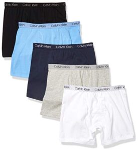 calvin klein boys’ modern cotton assorted boxer briefs underwear, 5 pack, black, grey, white, light blue, navy, small