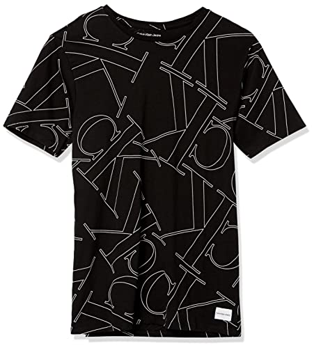 Calvin Klein Boys' Big Short Sleeve All Over Printed Crew Neck Tee Shirt, Shuffle Black 22, 10-12