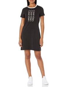 calvin klein women’s short sleeve logo t-shirt dress, black/cream, medium
