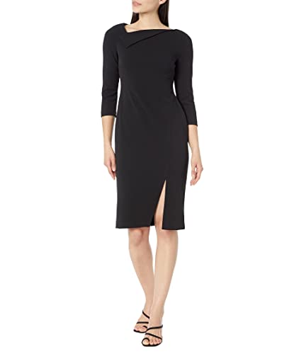 Calvin Klein 3/4 Sleeve Scuba Crepe Sheath Dress with Asymmetrical Neckline & Slit Black 12