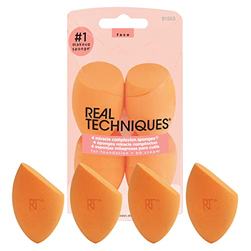 Real Techniques Miracle Complexion Sponge, Makeup Blending Sponge, For Foundation, Offers Light To Medium Coverage, Natural, Dewy Makeup, Orange Sponge, Latex-Free Foam, 4 Count