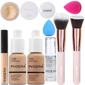 phoera foundation,full coverage foundation,phoera primer,phoera powder,phoera concealer phoera makeup set, kabuki makeup brushes foundation brush powder brush,2 makeup sponge (104 buff beige + 105 sand）