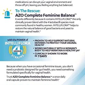 AZO Complete Feminine Balance Daily Probiotics for Women, Clinically Proven to Help Protect Vaginal Health, balance pH and yeast, Non-GMO, 30 Count