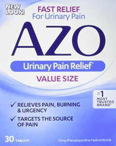 azo urinary pain relief, dietary supplement, contains 95 mg phenazopyridine hydrochloride the #1 ingredient prescribed by doctors pharmacists specifically for urinary discomfort†, 30 count