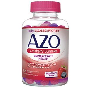 azo cranberry urinary tract health gummies dietary supplement, 2 gummies = 1 glass of cranberry juice, helps cleanse & protect, natural mixed berry flavor, non-gmo, 72 gummies