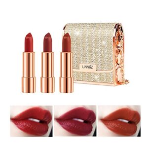 Gireatick Matte Lipstick Makeup Set for Woman, 3pcs Long Lasting Velvet Lipstick in One Glamour Chain Bag, Non-Stick Cup Red Lipstick, Not Fade Waterproof, Color Sensational Lipstick set, Lip Kit Gift Set