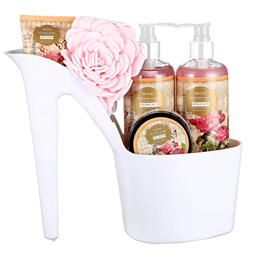 Draizee Heel Shoe Rose Scented Home Relaxation Fragrance Spa Gift Basket Set for Woman Bath and Body Basket 5 Pcs Body Lotion & Butter, Shower Gel, Bubble Bath Valentine's Gift for Wife Girlfriend