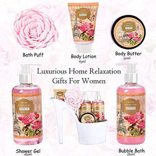 Draizee Heel Shoe Rose Scented Home Relaxation Fragrance Spa Gift Basket Set for Woman Bath and Body Basket 5 Pcs Body Lotion & Butter, Shower Gel, Bubble Bath Valentine's Gift for Wife Girlfriend