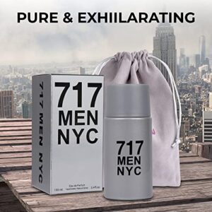 NovoGlow 717 Men NYC- 100ml/3.4 Fl Oz Eau De Parfum Spray - Long Lasting Citrusy Warm Spicy & Woody Fragrance Smell Fresh & Sporty All Day Includes Carrying Pouch Gift for Men for All Occasions