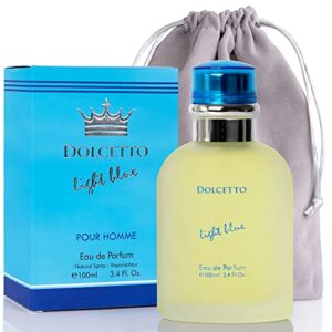 dolcetto light blue for men – 3.4 fl. oz. 100ml men’s perfume with novoglow carrying pouch – refreshing combination of woody floral & aquatic fragrance – scent lasts all day a gift for any occasion