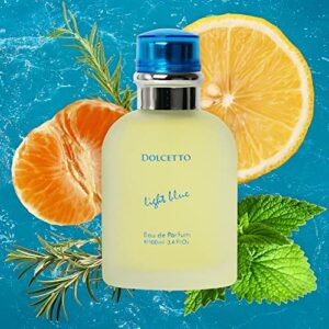 Dolcetto Light Blue for Men - 3.4 Fl. Oz. 100ml Men's Perfume with NovoGlow Carrying Pouch - Refreshing Combination of Woody Floral & Aquatic Fragrance - Scent Lasts All Day A Gift for Any Occasion