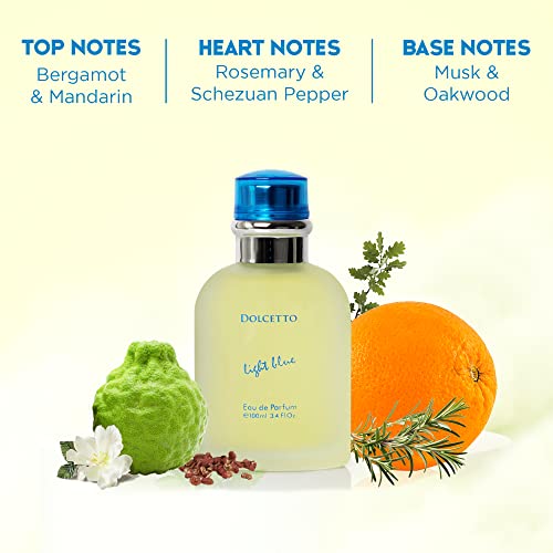 Dolcetto Light Blue for Men - 3.4 Fl. Oz. 100ml Men's Perfume with NovoGlow Carrying Pouch - Refreshing Combination of Woody Floral & Aquatic Fragrance - Scent Lasts All Day A Gift for Any Occasion