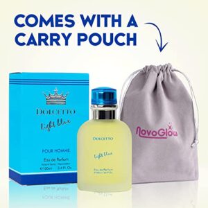 Dolcetto Light Blue for Men - 3.4 Fl. Oz. 100ml Men's Perfume with NovoGlow Carrying Pouch - Refreshing Combination of Woody Floral & Aquatic Fragrance - Scent Lasts All Day A Gift for Any Occasion