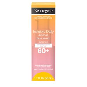 neutrogena invisible daily defense face sunscreen + hydrating serum with broad spectrum spf 60+ & antioxidants to help skin glow, oil-free, fragrance free, 1.7 fl. oz