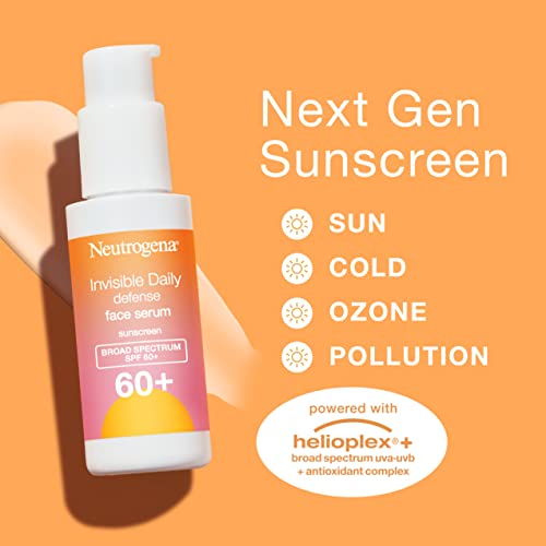 Neutrogena Invisible Daily Defense Face Sunscreen + Hydrating Serum with Broad Spectrum SPF 60+ & Antioxidants to Help Skin Glow, Oil-Free, Fragrance Free, 1.7 fl. oz