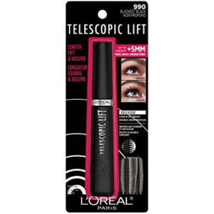 L'Oreal Paris Telescopic Lift Washable Mascara, Lengthening and Volumizing Eye Makeup, Lash Lift with Up to 36HR Wear, Blackest Black, 0.33 Fl Oz