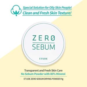 ETUDE Zero Sebum Drying Powder 4g New | Lightweight Oil Control No Sebum Loose Face Powder with 80% Mineral | Long Lasting for Setting or Foundation Makes Skin Downy