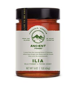 ancient foods ilia wild forest and thyme honey – greek mountain honey, raw, unfiltered pine honey from vordonia, greece (16oz)