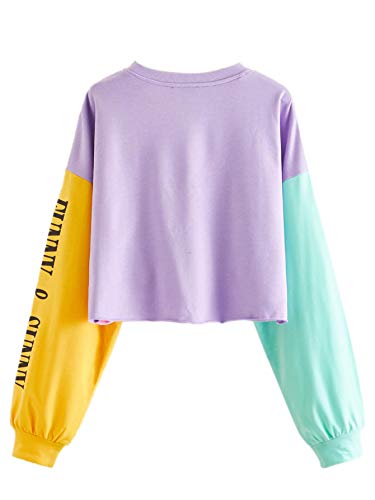 SweatyRocks Women's Pullover Letter Print Color Block Long Sleeve Crop Top Sweatshirt Multi-1 Small