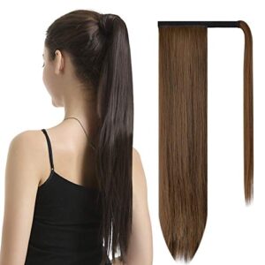 barsdar 26 inch ponytail extension long straight wrap around clip in synthetic fiber hair for women – dark brown mix auburn evenly