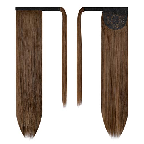 BARSDAR 26 inch Ponytail Extension Long Straight Wrap Around Clip in Synthetic Fiber Hair for Women - Dark Brown mix Auburn Evenly