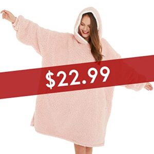 LetsFunny Oversized Blanket Sweatshirt, Plush Wearable Blanket with Pocket, Super Warm Cozy Sweatshirt Hooded Blanket for Adult Women Men Teens, One Size Fits All (Light Pink, Adult)