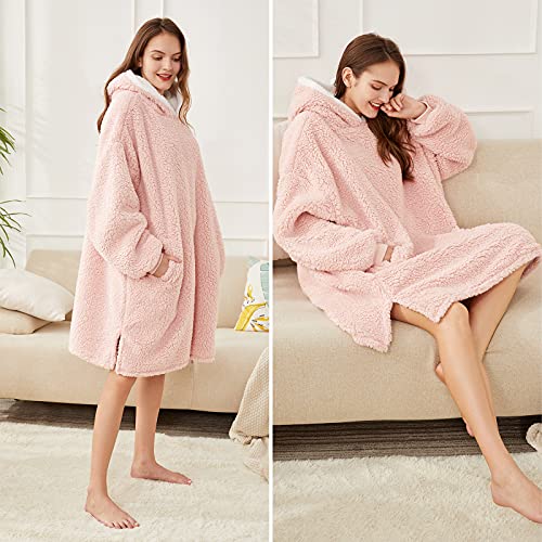 LetsFunny Oversized Blanket Sweatshirt, Plush Wearable Blanket with Pocket, Super Warm Cozy Sweatshirt Hooded Blanket for Adult Women Men Teens, One Size Fits All (Light Pink, Adult)