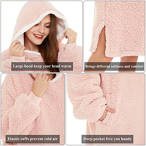 LetsFunny Oversized Blanket Sweatshirt, Plush Wearable Blanket with Pocket, Super Warm Cozy Sweatshirt Hooded Blanket for Adult Women Men Teens, One Size Fits All (Light Pink, Adult)