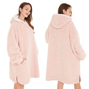 LetsFunny Oversized Blanket Sweatshirt, Plush Wearable Blanket with Pocket, Super Warm Cozy Sweatshirt Hooded Blanket for Adult Women Men Teens, One Size Fits All (Light Pink, Adult)