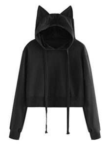 sweatyrocks women’s long sleeve hoodie crop top cat print pullover sweatshirt black#2 s