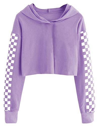 Imily Bela Kids Crop Tops Girls Hoodies Cute Plaid Long Sleeve Fashion Sweatshirts Purple