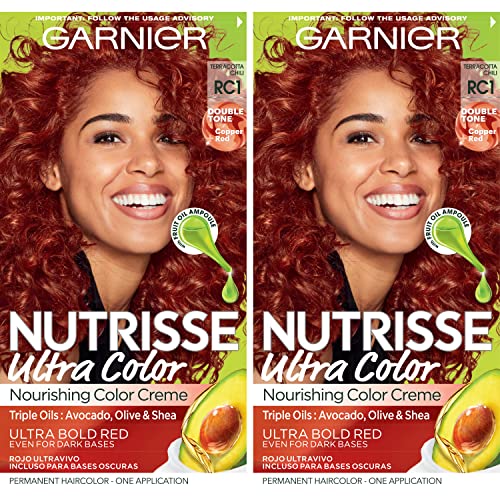 Garnier Nutrisse Ultra Color Nourishing Bold Permanent Hair Color Creme, RC1 Med Copper Red, Includes Fruit Oil Ampoule and After Dye Hair Mask, 2 Kit