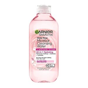 garnier skinactive micellar water with rose water and glycerin, facial cleanser & makeup remover, all-in-1 hydrating, 13.5 fl. oz, 1 count (packaging may vary)