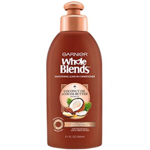 garnier whole blends sustainably sourced coconut oil and cocoa butter leave in conditioner treatment to smooth and control frizzy hair, 5.1 fl oz
